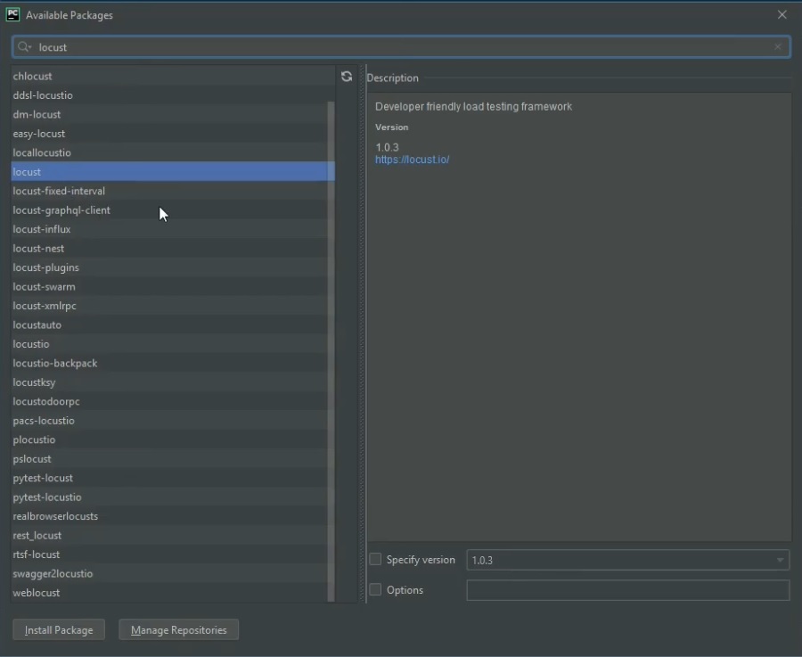 Установка модуля locust в PyCharm изображение с сайта www.andreyolegovich.ru