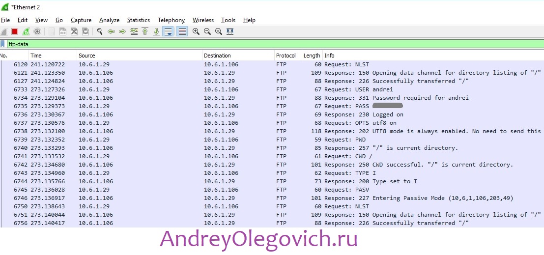 Wireshark пример фильтр ftp-data 
        изображение с сайта www.andreyolegovich.ru