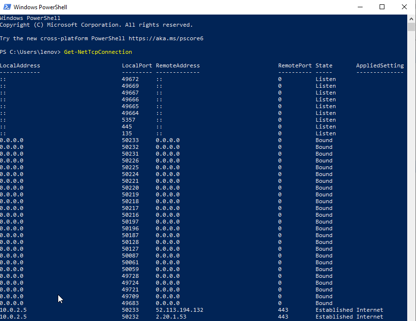 Get-NetTcpConnection PowerShell изображение с сайта www.andreyolegovich.ru