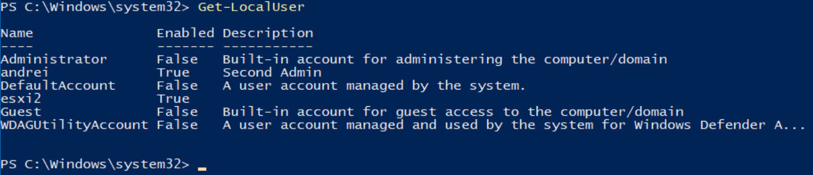 Get-LocalUser получить список пользователей PowerShell изображение с сайта www.andreyolegovich.ru